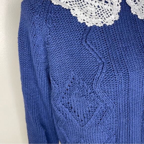 Nuggets Sweater Cable Knit Ivory Crochet Collar Cottage Coastal Blue Size Large - Picture 5 of 8
